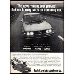 1974 Saab 99LE Sedan Vintage Print Ad Fuel Economy Crisis Headlights Wall Art